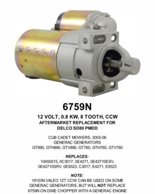 Starter Fits Generac 0D9708, Generac 0E6221, E4271, 0E9323, 0E42710ESV, 6759