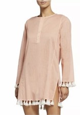 Tory Burch Size M Coverup Sandy Beach Tunic Orange Stripe Tassel Cotton Dress