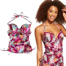Shade & Shore Women's Tankini Top 32C Cinch Halter Berry Floral Tropical
