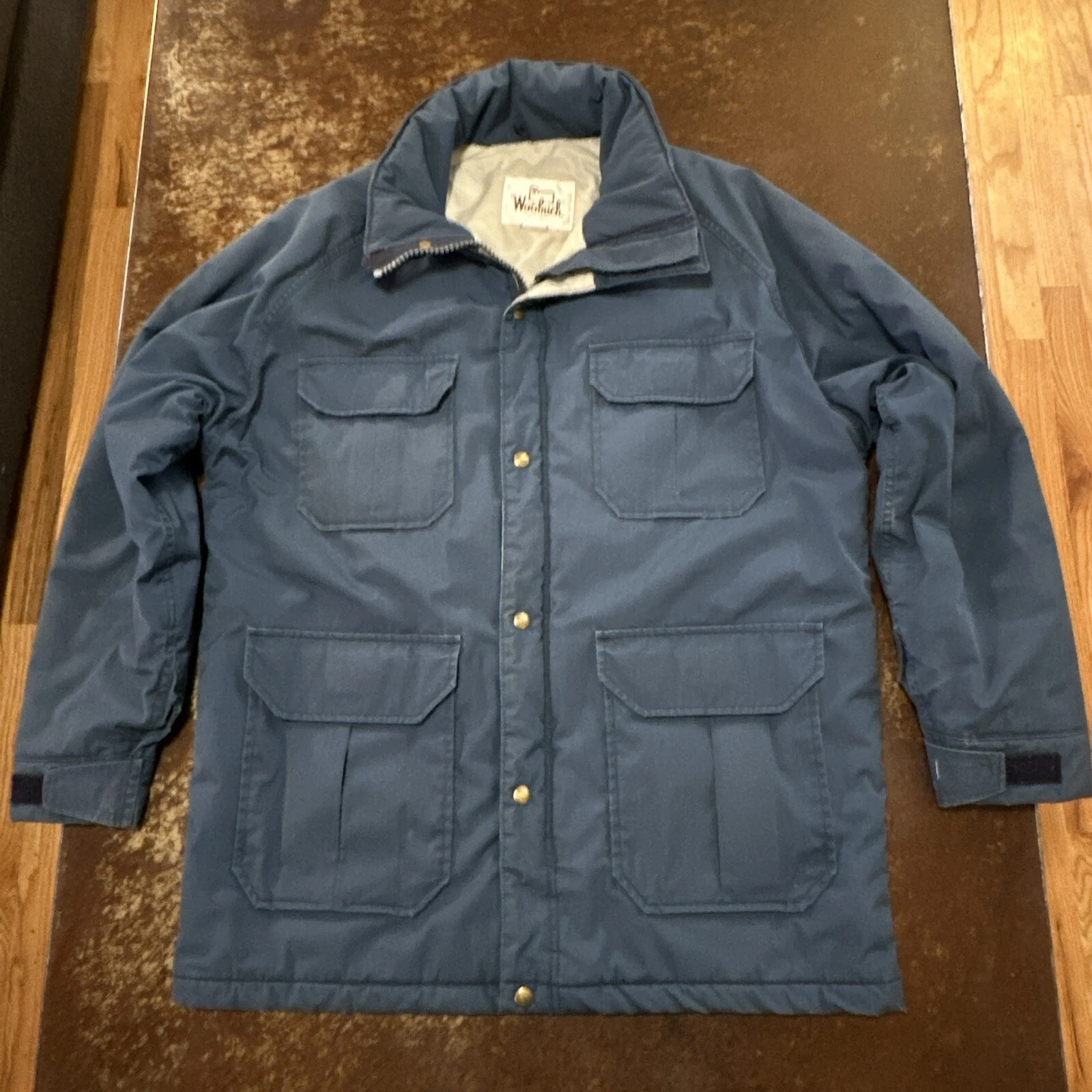 Vintage Woolrich men’s Insulated Jacket Coat Large? Flap Snap Blue Cotton NICE!