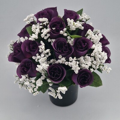 Künstliches Seidenblumengesteck 22 Köpfe Rosenknospe & Gyp lila Grab Denkmal