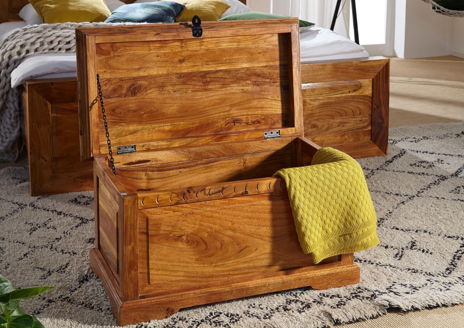 kolonialstil Truhe Akazienholz massiv Holztruhe Box Holz Akazie hell Stauraum