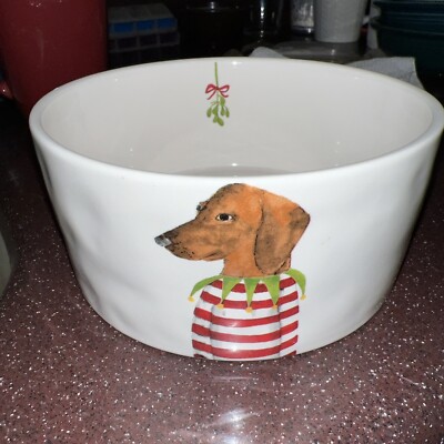 Rae Dunn Dachshund Mistletoe Christmas Pet Food Bowl New 6” Ceramic $$ To  PAWS