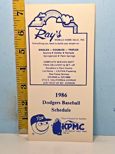 1986 Los Angeles Dodgers Baseball Schedule KPMC & Rays Mobile Homes
