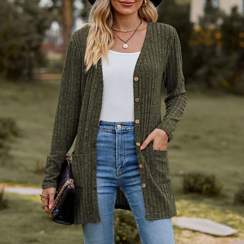 Damen Strickjacke Langarm vorne offen drapiert Pullover Knopfleiste Basic Cardigan - Bild 18 von 32
