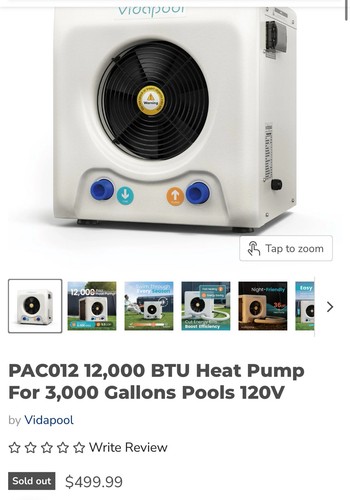 Pompa di calore per piscina Vidapool 12.000 BTU 120V elettrica 3k Gal fuori terra