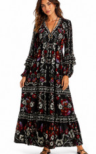 Farm Rio Rococo Flowers Black Floral Maxi Dress Small NWT Boho Long Sleeve $330