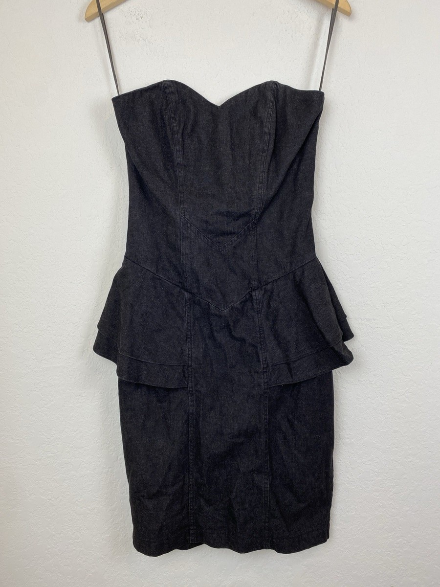Vintage Black Denim Dress Size 8 Western Peplum Festival Boho Bustier Strapless