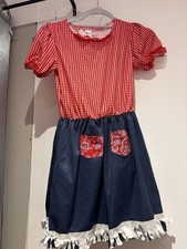 Girls Scarecrow Fancy Dress Costume Red Gingham Denim Style Dress Halloween