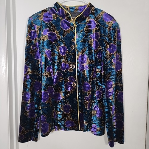 VTG R&K Evening Jacket Women's 12 Purple Teal Gold Black 5 Button Velvet Formal