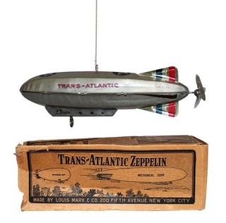 Nice Clean Boxed & Working 1930s Marx Tin Windup Trans Atlantic Zeppelin