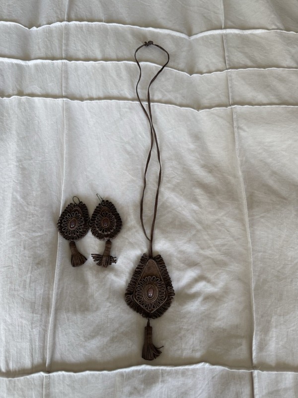 Handmade Bohemian 18” Brown Leather Suede Macrame Tassel Necklace & Earrings SET
