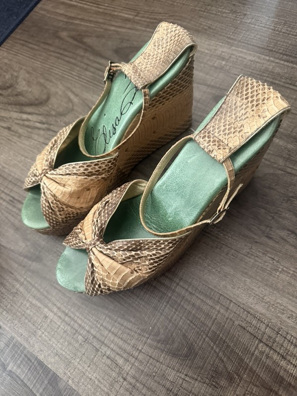 Elisa Ferrari Vintage 90s Wedge Ankle Strap Handmade, Size 7 snake skin