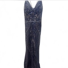 Blue Beige Geometric Beaded Sequin V-Neck Sleeveless Lace-Up Long Gown M