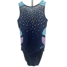 Chalk Warrior Girls Gymnastics Leotard YM Navy Criss Cross Back Rhinestone