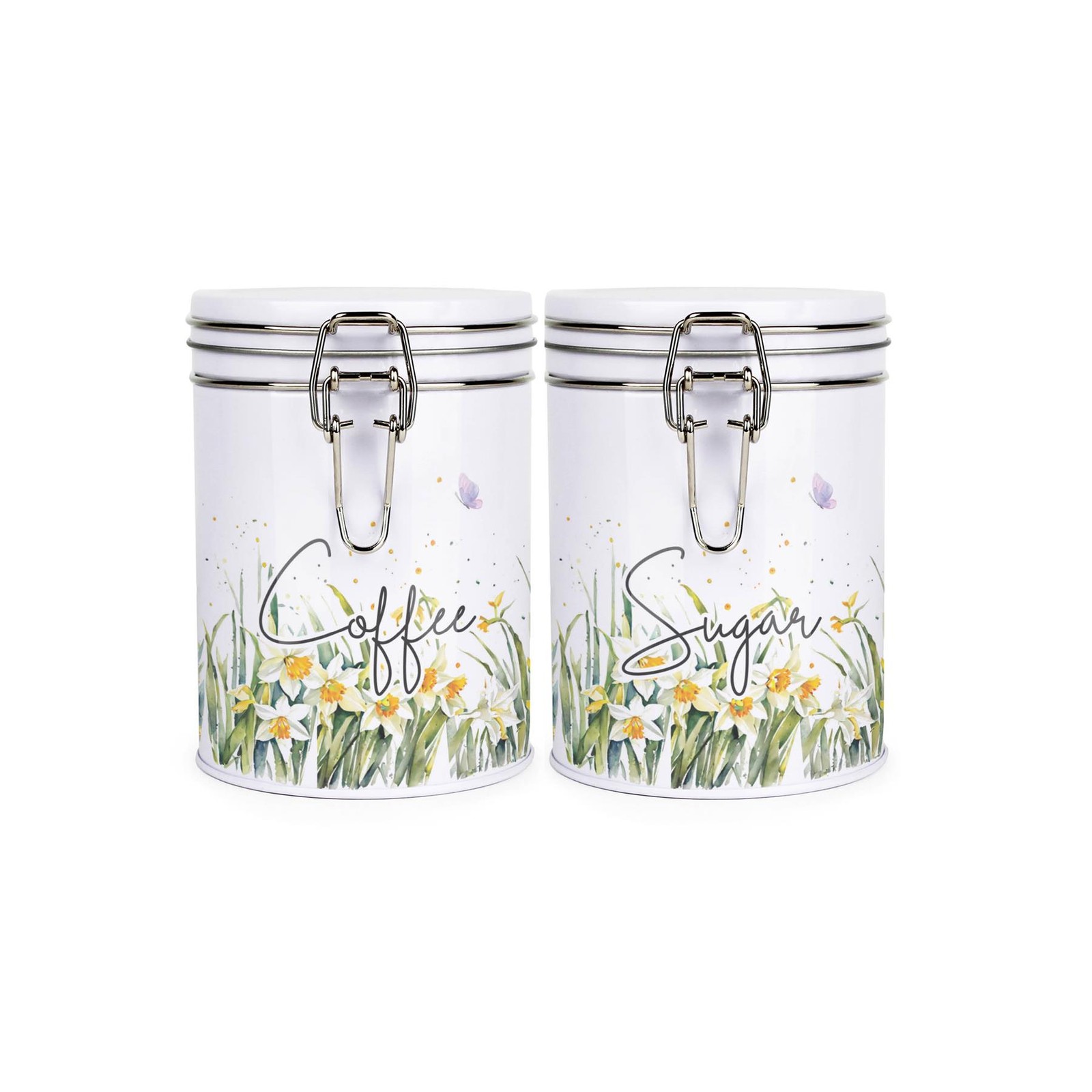 Daffodils Floral Hot Drinks Canisters Set - Coffee & Sugar Storage Gift Tins