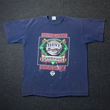 Vintage 1992 Starter Atlanta Braves T-Shirt Mens L Blue Made in USA Distressed
