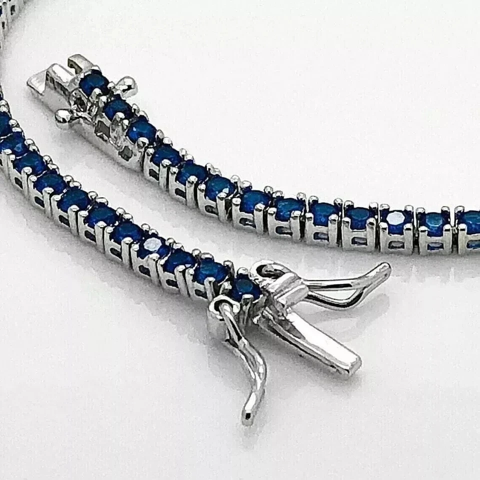 Brazalete tenis mujer zafiro simulado corte redondo 9 quilates chapado en oro blanco 14k Foto 3 de 4