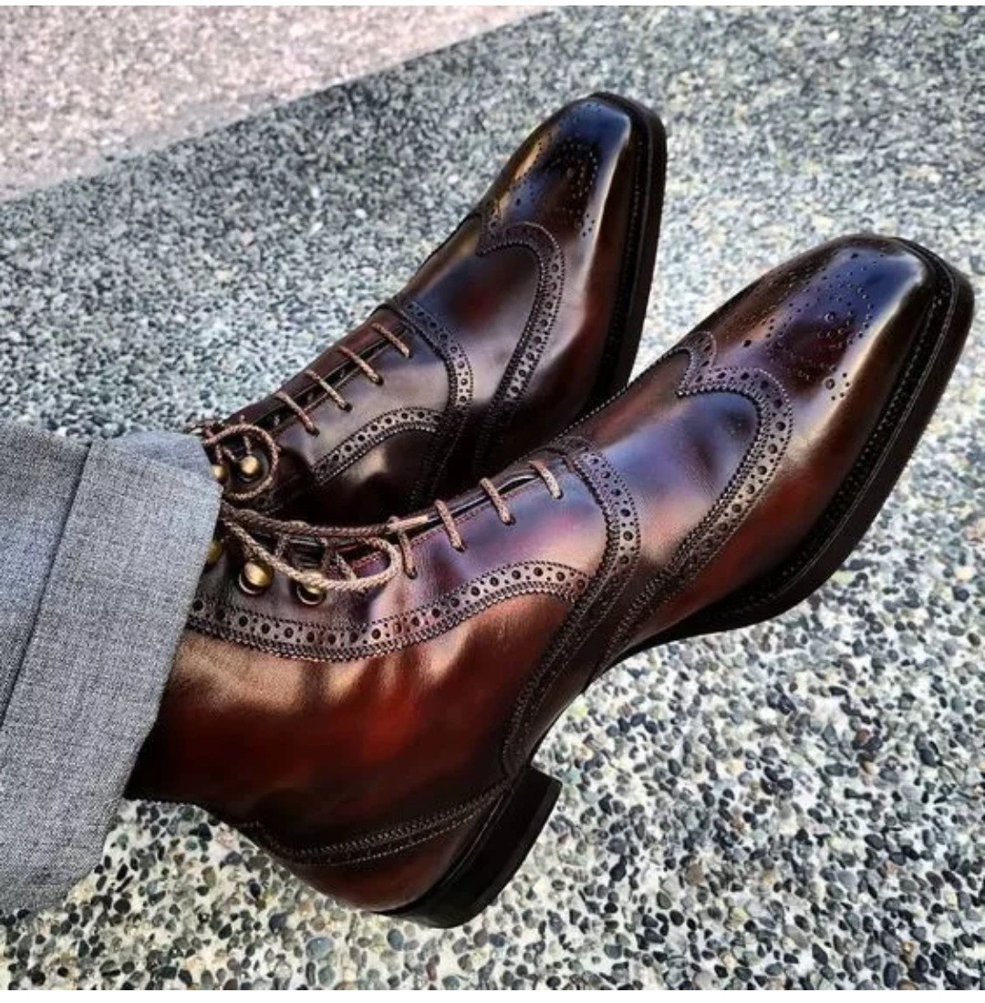 's Brown Leather Oxford Wingtip Brogue Lace Up High Ankle Bo