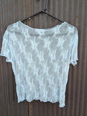 Blakeley Y2K Fairy Lace Top Women Large Blue Coquette Indie Mesh Sheer Blouse