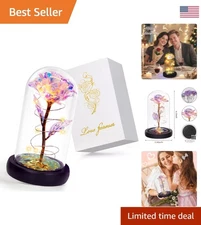 Stunning Colorful Rose in Glass Dome with LED Light - Birthday or Christmas Gift