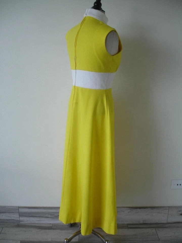 Vestido largo para mujer M L de colección años 70 amarillo caléndula blanco sin mangas Imperio Foto 4 de 4
