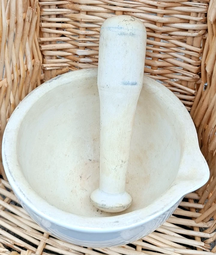 Vintage Apothecary Mortar and Pestle, Unglazed Ceramic inside, glazed outside.