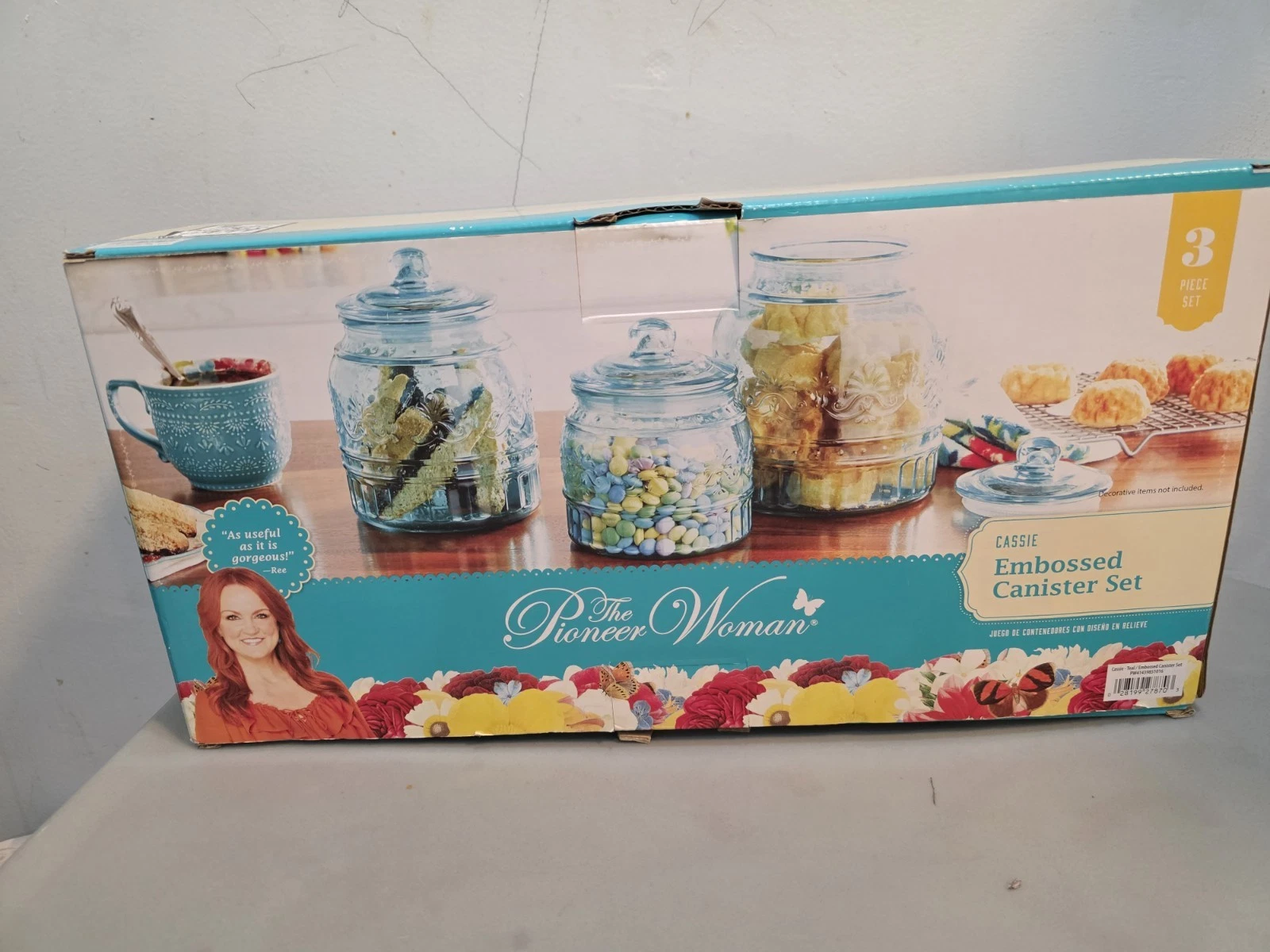 The Pioneer Woman Cassie Embossed Glass Canister Set Teal 3-Piece 33-80oz Gasket