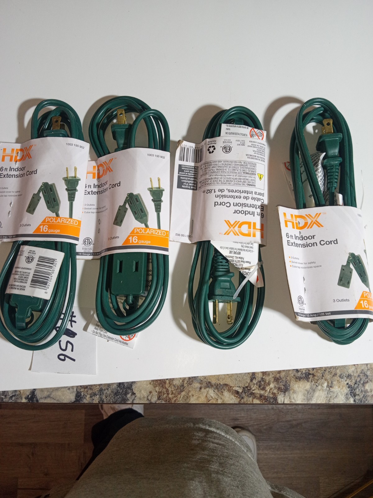 4 pack of 6 ft. Extension Cord Indoor HDX - Green 16 Gauge Triple  Plug  #t