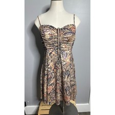 Urban Outfitters Boho Floral Paisley Ruched Dress Tan Navy Sleeveless Summer M