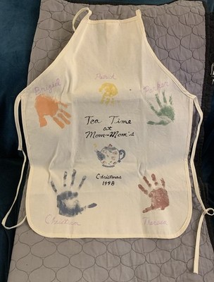 Homemade Tea At Mom Mom s Apron With Grandkids Names & Handprints 1998
