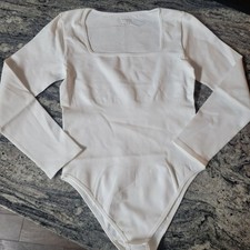 Square Neck Long Sleeve Bodysuit Top White Fitted Casual Layering Basic