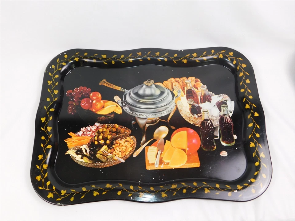 Set of 6 Vtg Tin Litho Serving Trays Black Yellow Charcuterie Theme 1960s - Image 3 of 4