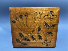 VTG Polish Hand Carved Brass Inlaid Wooden Ring Gift Box Trinket Jewelry Bird