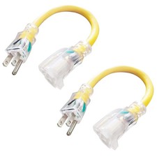 2 Pack 1 ft Lighted Extension Cord - 12/3 SJTW Heavy Duty Yellow Extension Cable