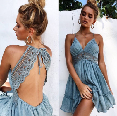 New Women Boho Lace Backless Dress Sexy Summer Beach Ruffle Flare Mini Sundress