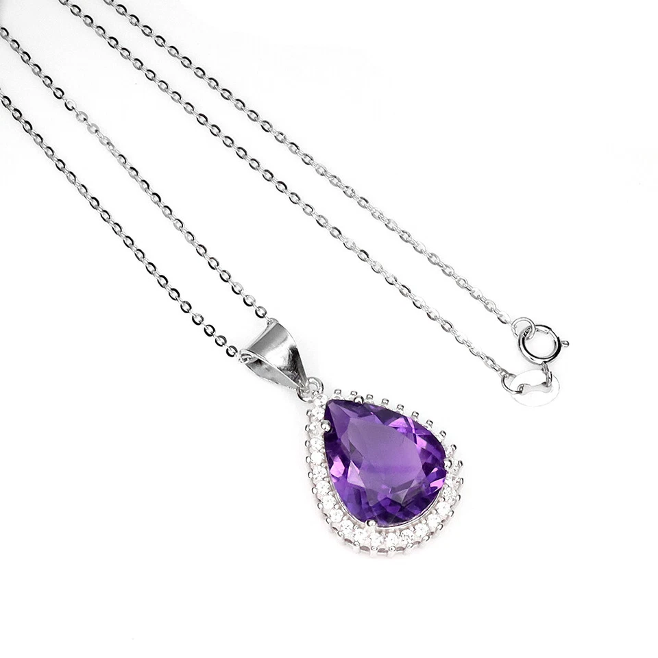 925 Argento Sterling Collana Pera Ametista 16x12mm Bianco Zircone Gemma Gioielli - Immagine 2 di 4