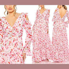 New 598 Mac Duggal  6  Ruffle Sleeve Floral Print Gown in Poppy Pink Q652
