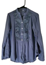 Women's Blue Long Sleeve V-Neck Lace Front Blouse Size M