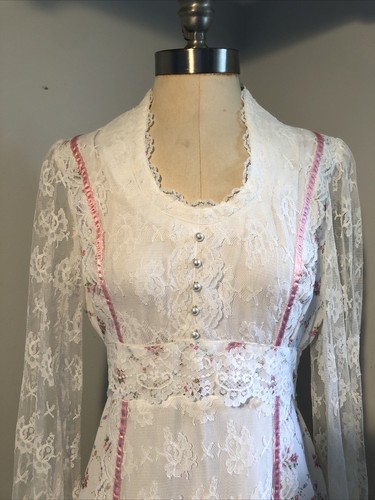 Vintage 70s Gunne Sax Style Ditsy Floral Lace Prairie Maxi Dress ILGWU S/M 11/12 - Picture 2 of 16