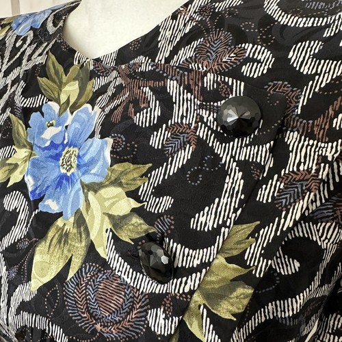 Vintage 100% Silk Studio Jacket Blazer Black Floral Peplum Puff Sleeve Size 4 P - Picture 4 of 11