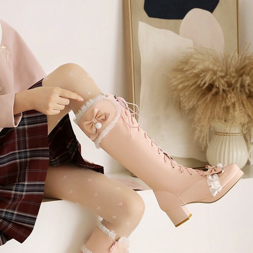 Neu Damen-Stiefel rund geschnitten mittelhoher Blockabsatz kniehoch Kunstleder Schleife Lolita Schuhe - Bild 2 von 13