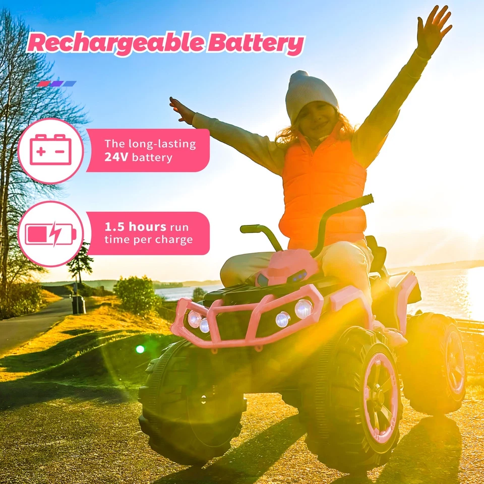 24V Kids Ride on Toy 4 Wheeler Quad Car 6mph Top Speed with Low&High Speed Pink - Image 2 of 4