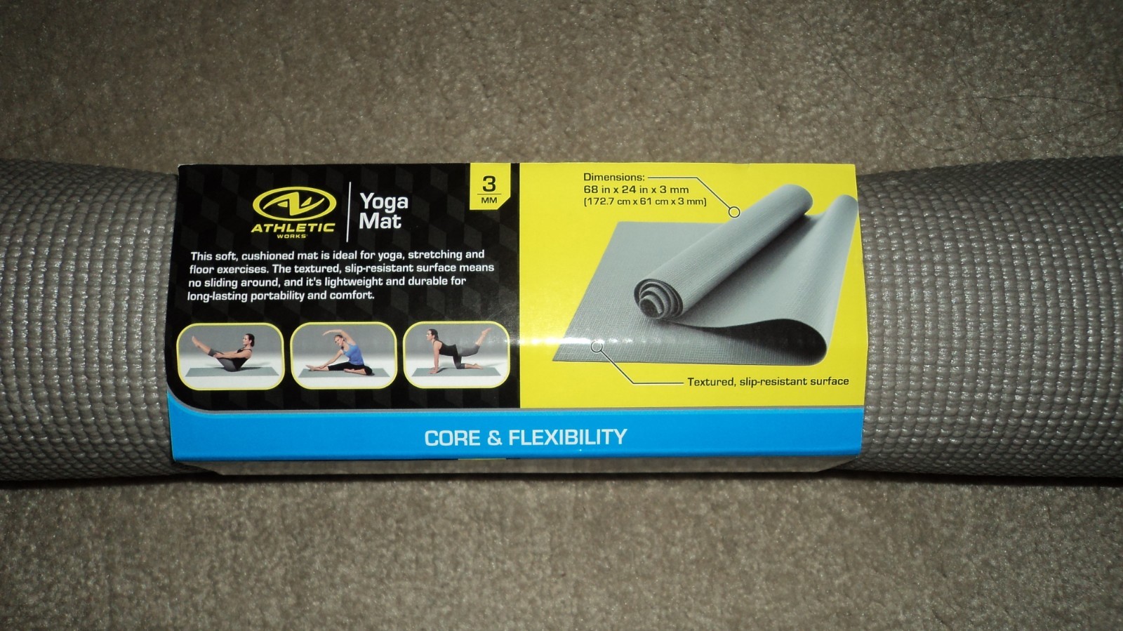 Athletic Works Yoga Mat Steel Gray 68" x 24" x 3mm Soft Cushioned