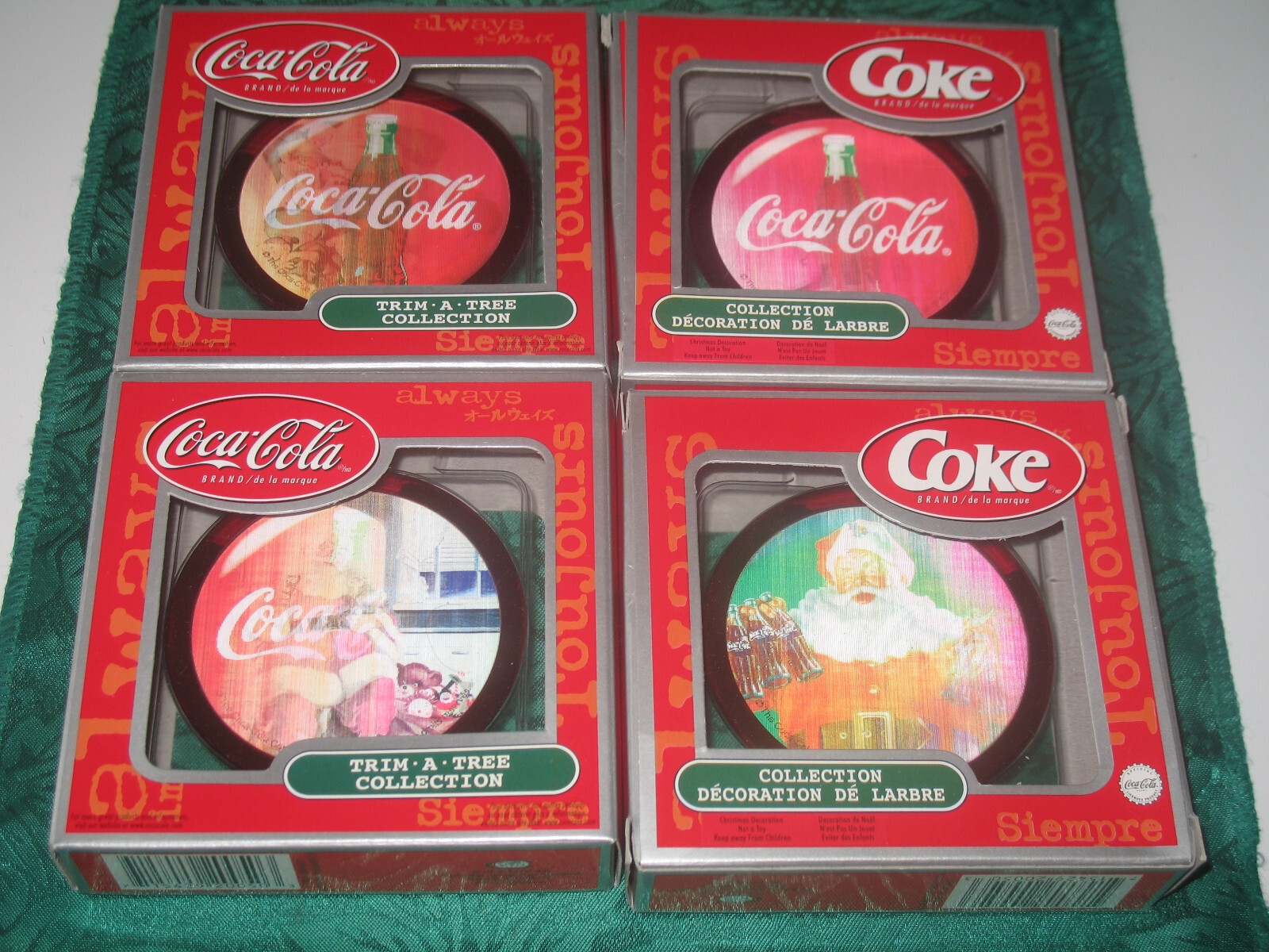 Coca Cola Trim A Tree Red Disc Ornament Santa Set Of 4 | eBay