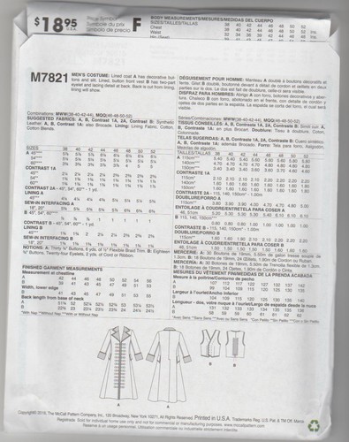 McCall's Sewing Pattern M7821 Men's Long Duster Coat & Vest Costume Sz 38-44 - Picture 2 of 2