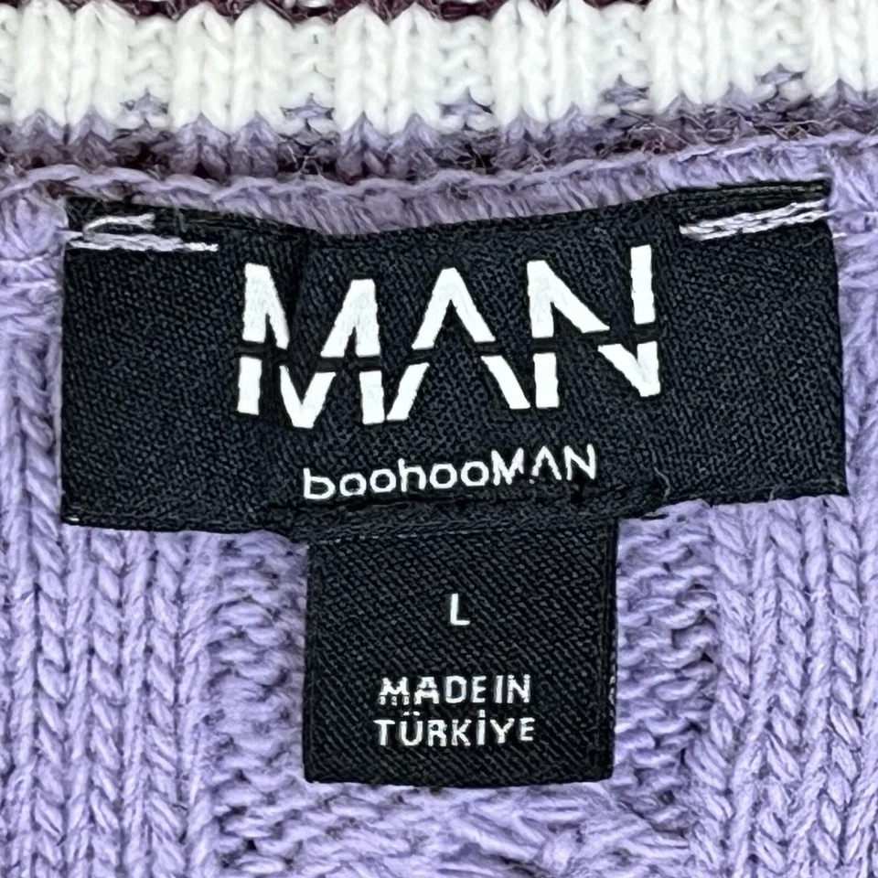 Suéter Boohoo Hombre Hombre Grande Manga Larga Pullover Cable Tejido Blanco Púrpura Foto 3 de 4