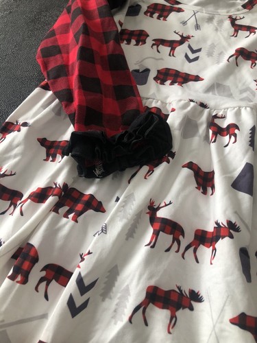 Buffalo Plaid Ruffle Girls Dress Handmade Deer Elk Bear Size 5T Christmas Dress - Picture 2 of 5