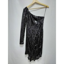 G by Guess Empire One Shoulder Sequin Dress Black Asymmetrical Hem | Size S