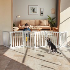Freestanding Indoor Dog Gate for House Foldable Wood White Puppy Gate for Doo...